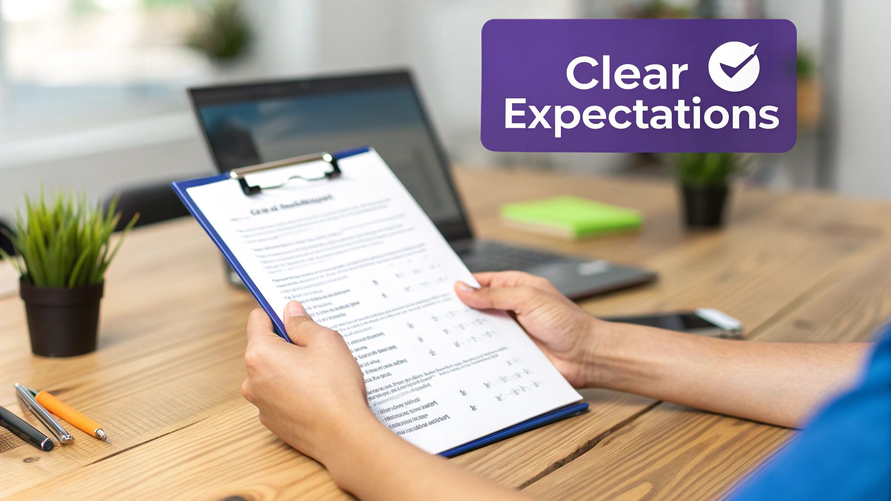 Hands hold a clipboard with a survey document on a wooden desk, with a 'Clear Expectations' graphic.