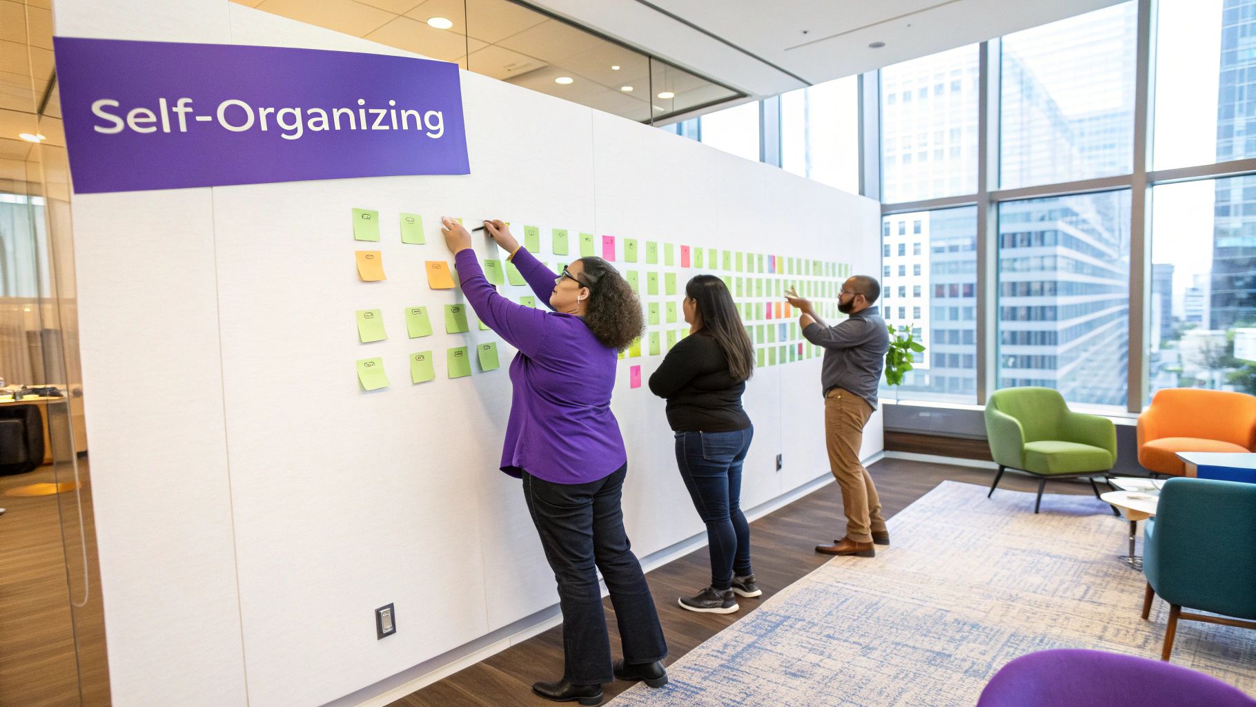 A group of people collaborating in a dynamic, open-space meeting environment, with sticky notes on a wall and active discussions.