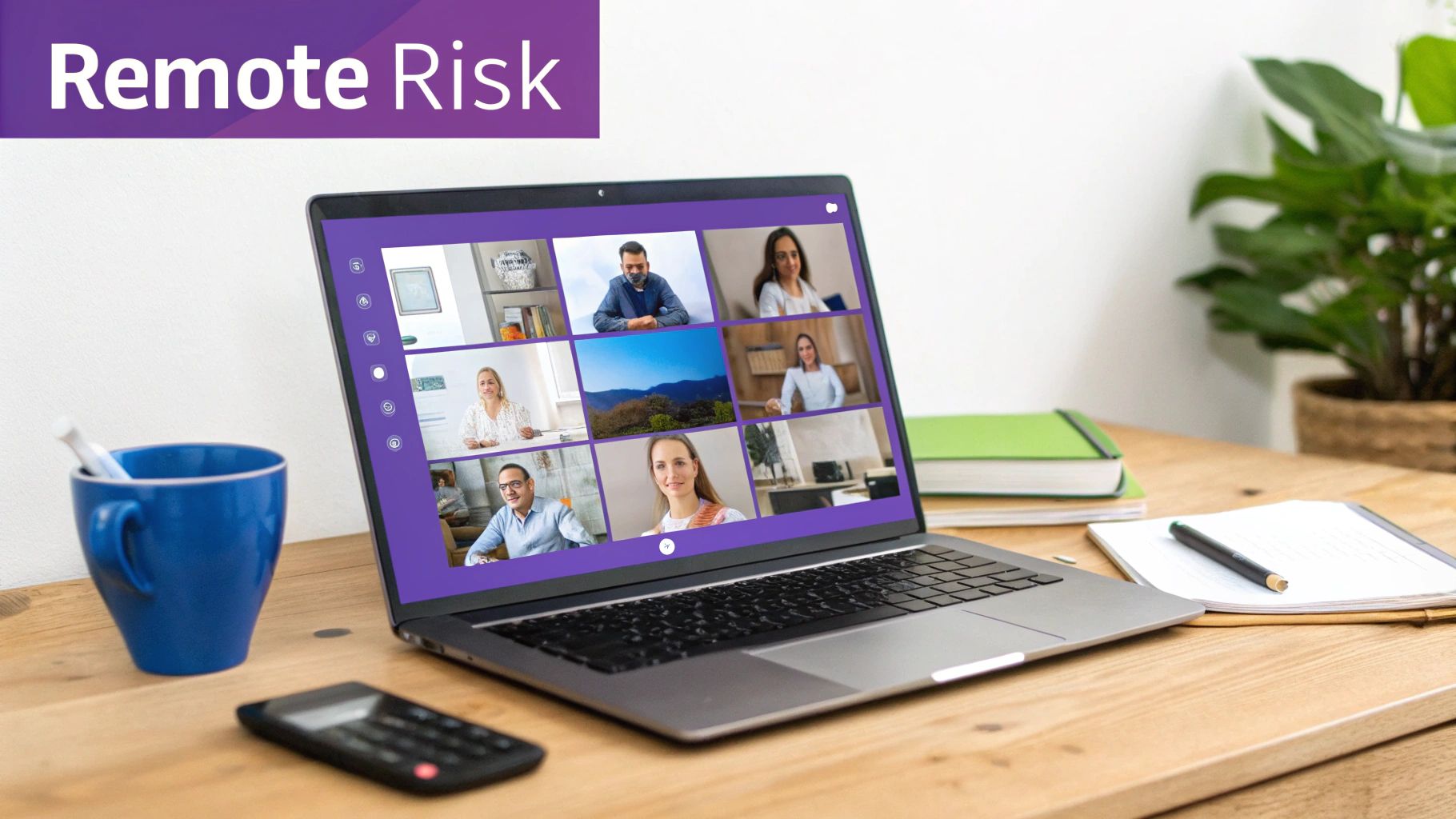 Laptop displaying a remote video conference with multiple participants, symbolizing remote risk management.