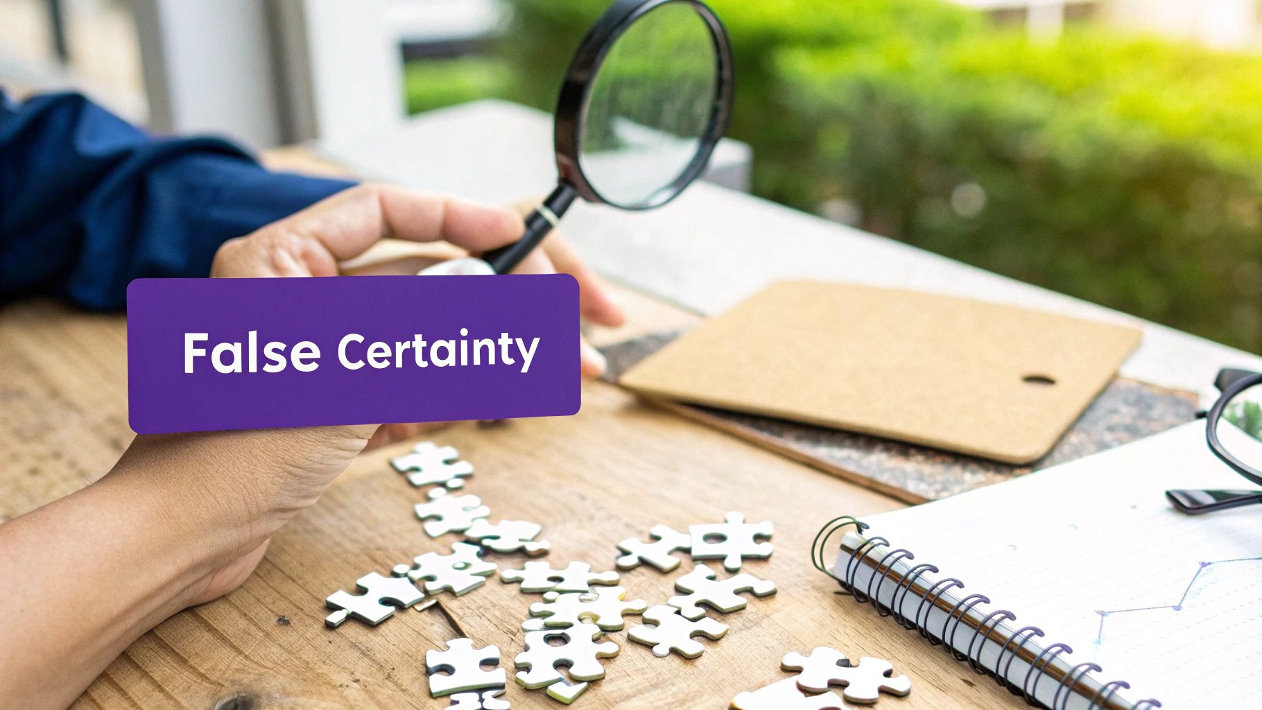 A person's hand holds a magnifying glass over puzzle pieces, with 'False Certainty' text.