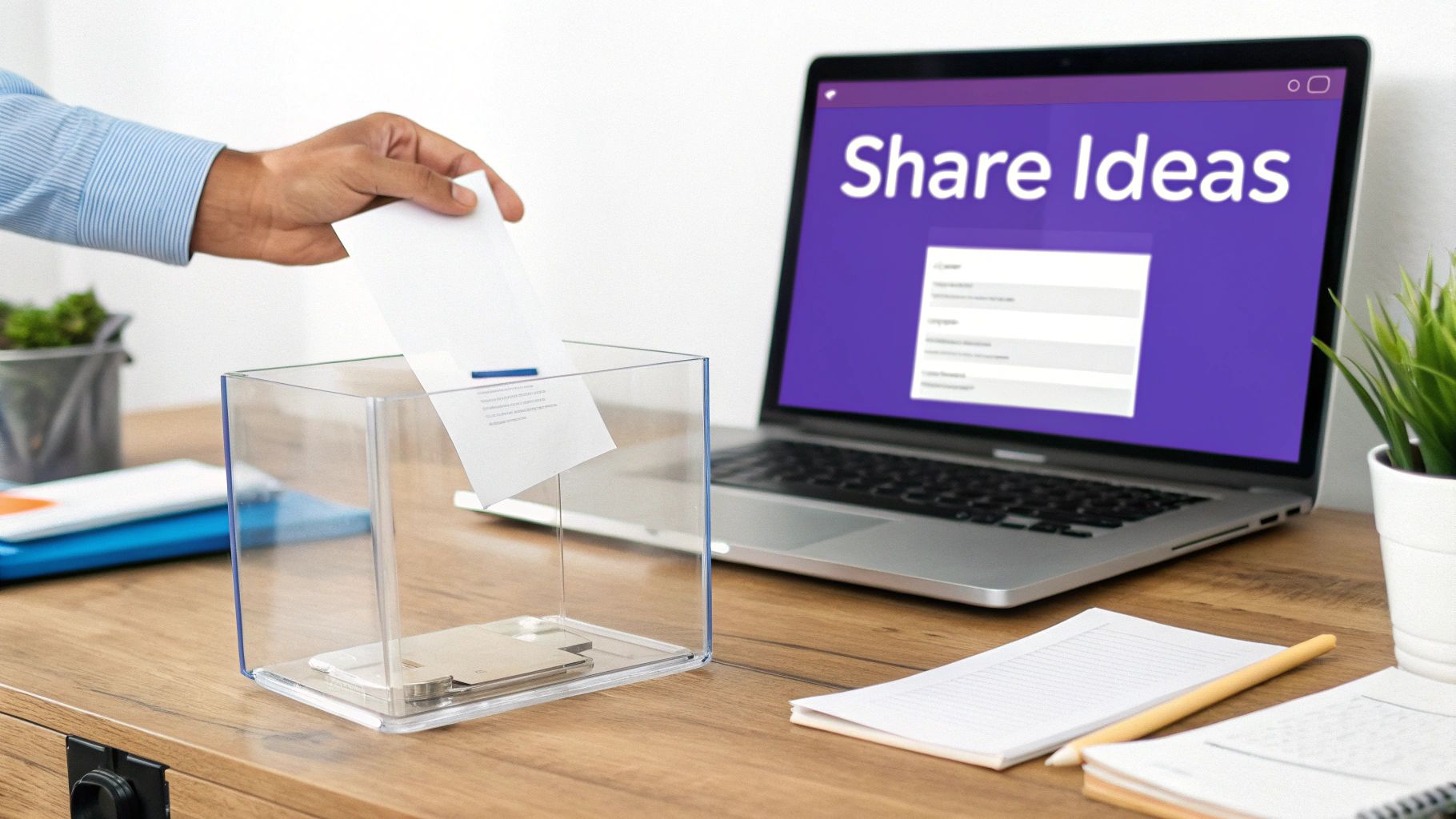 A hand drops a paper into a clear suggestion box on a desk, next to a laptop displaying 'Share Ideas'.