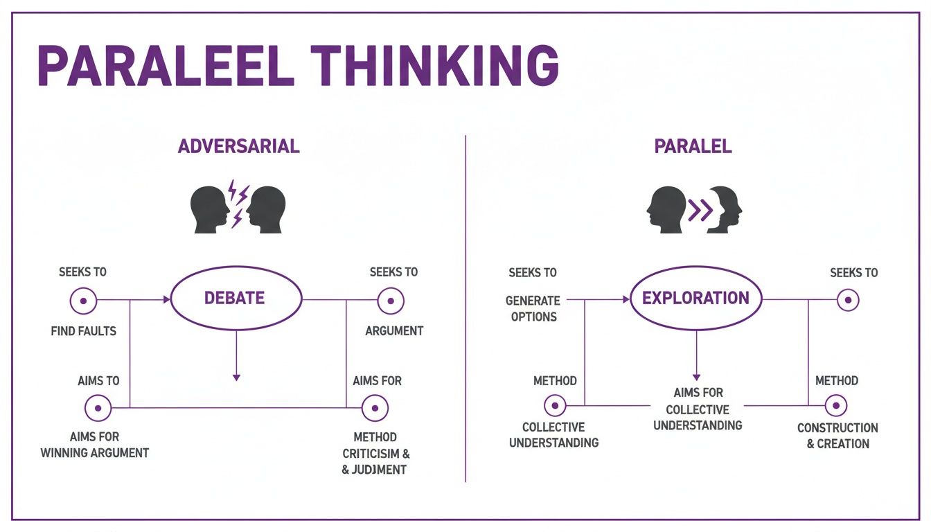 A diagram contrasting adversarial thinking (debate) with parallel thinking (exploration) methodologies.
