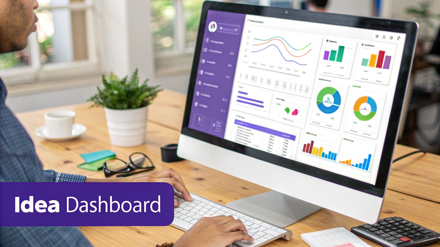 A person typing on a keyboard, looking at a computer screen displaying an Idea Dashboard with various charts and data.