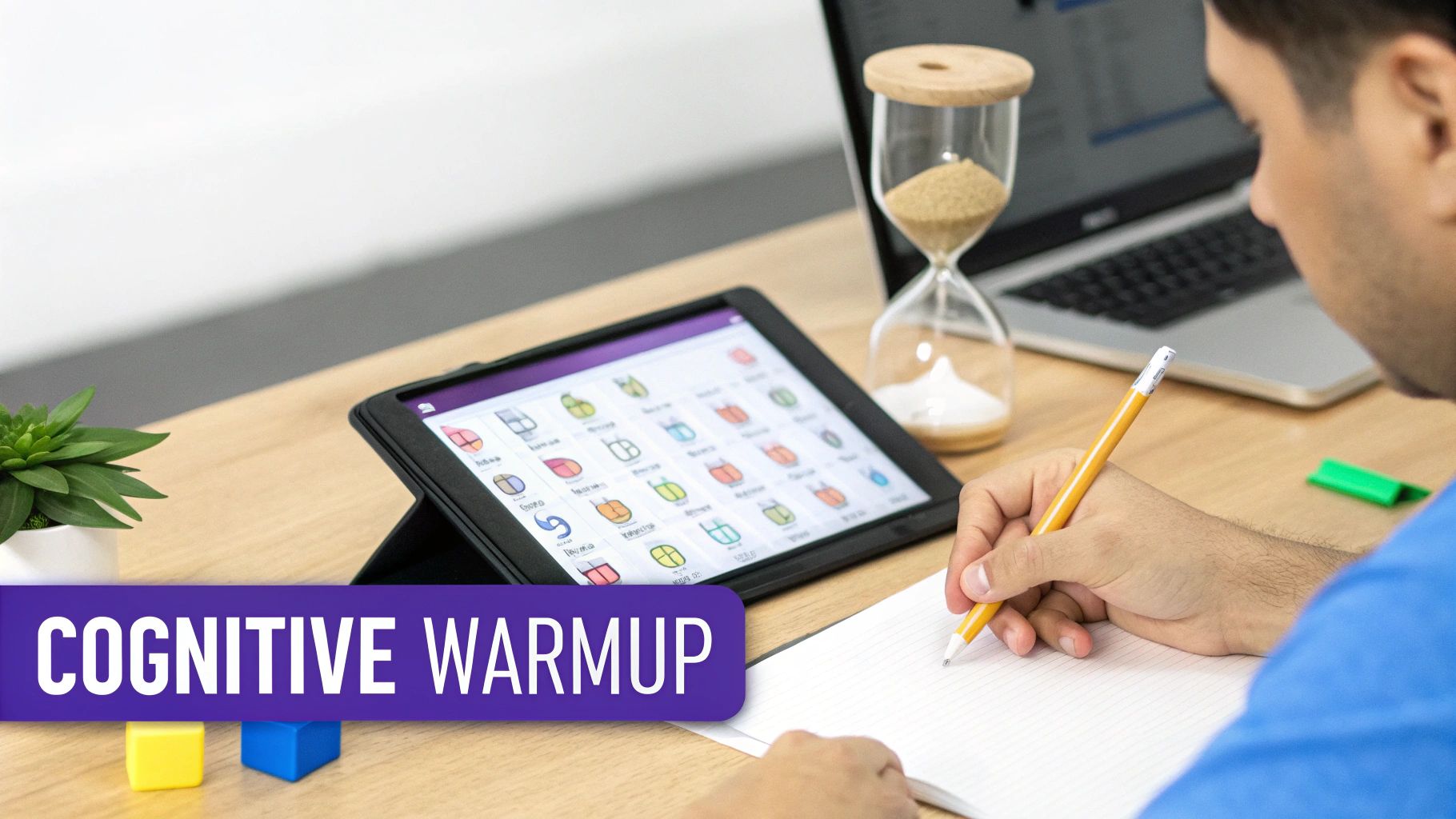 A person writes in a notebook, engaging with a tablet showing a cognitive exercise, next to an hourglass.