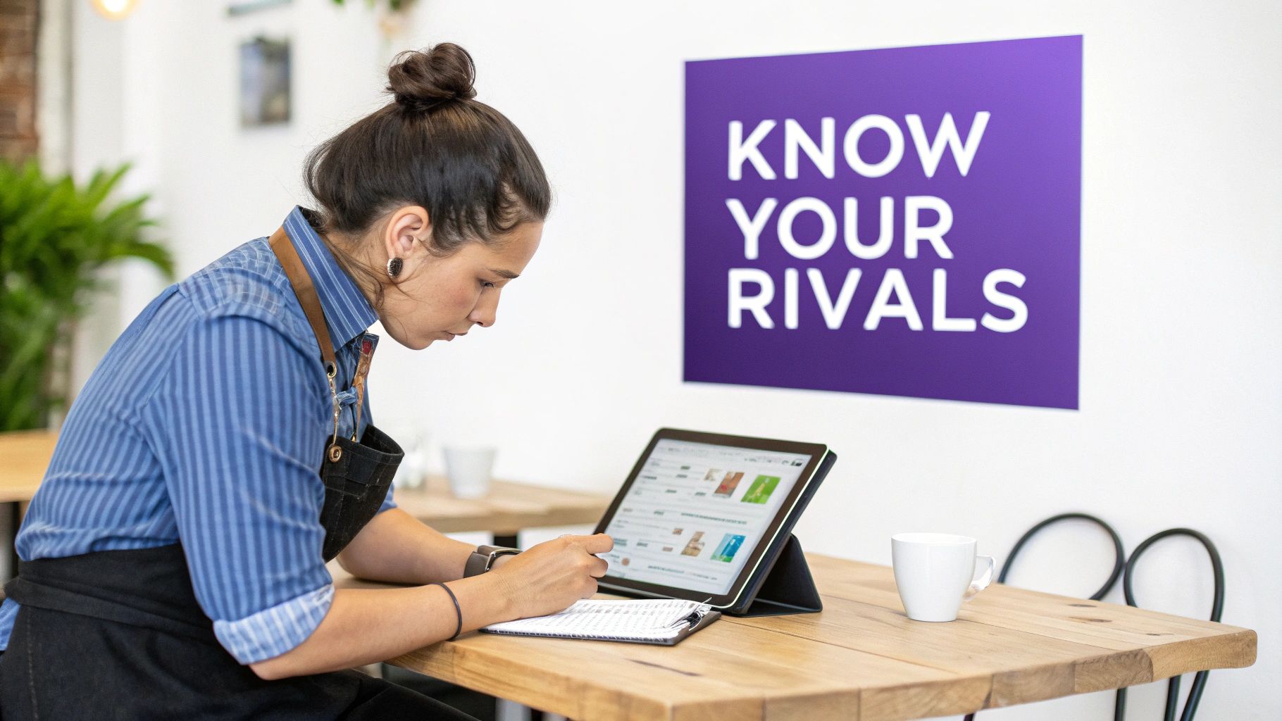 A focused woman uses a tablet and clipboard at a wooden table under a "Know Your Rivals" sign.