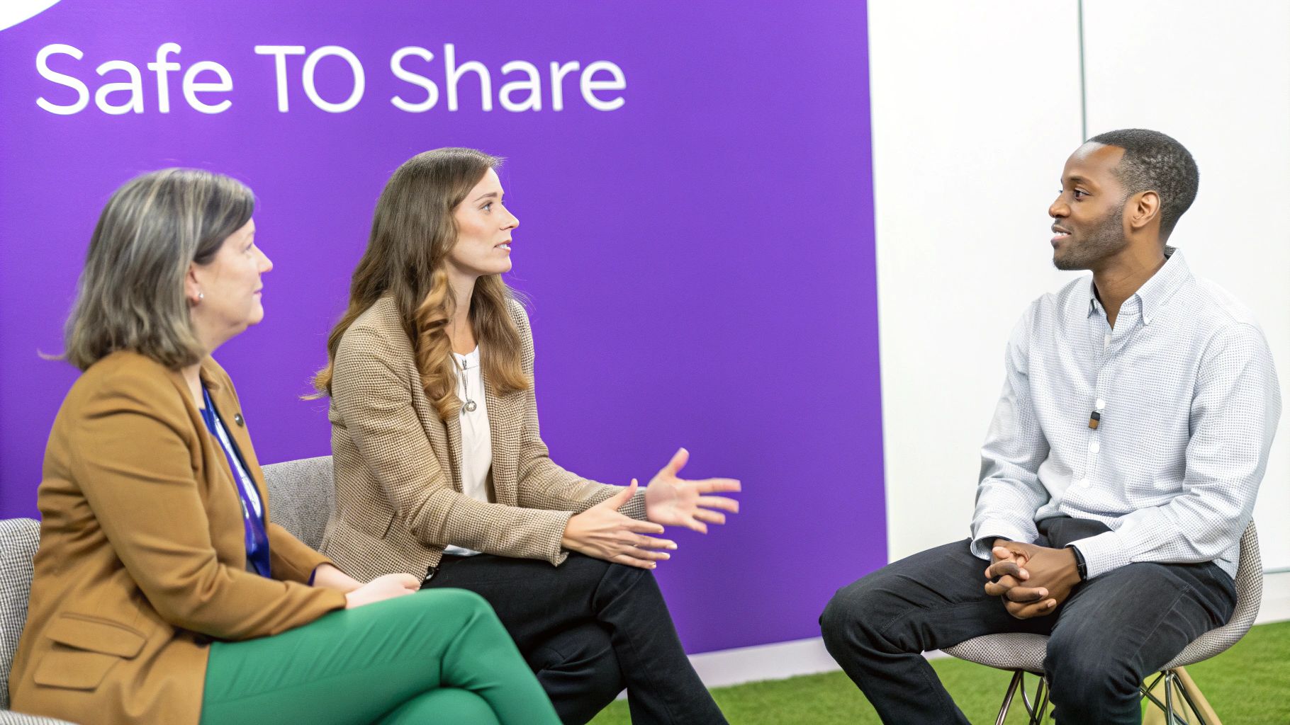 Three diverse professionals, two women and one man, engaged in a vibrant discussion on chairs.