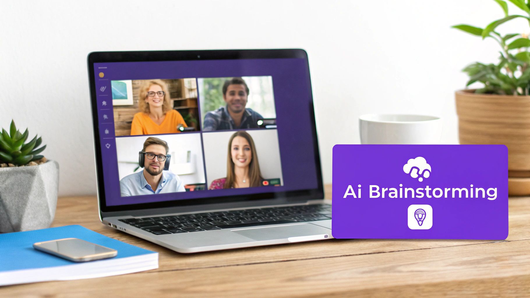 A laptop displays a video conference with four diverse professionals, next to an 'Ai Brainstorming' sign.