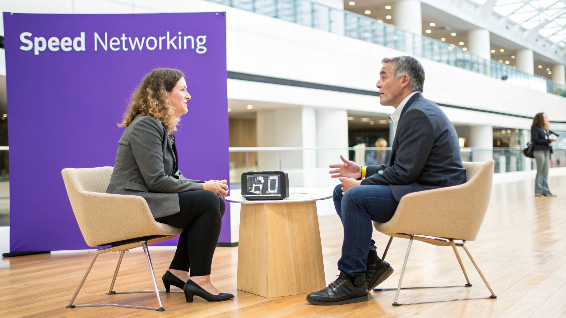 Two professionals speed networking at an event with a 'Speed Networking' banner visible.