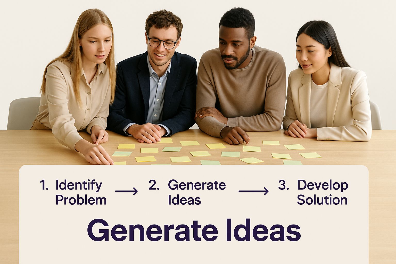 Infographic of four colleagues brainstorming around a table covered in sticky notes, with the text 'Generate Ideas' in the foreground.