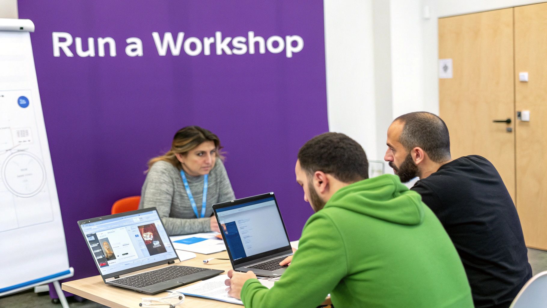 Participants at a workshop table with laptops and a facilitator, purple 'Run a Workshop' sign.