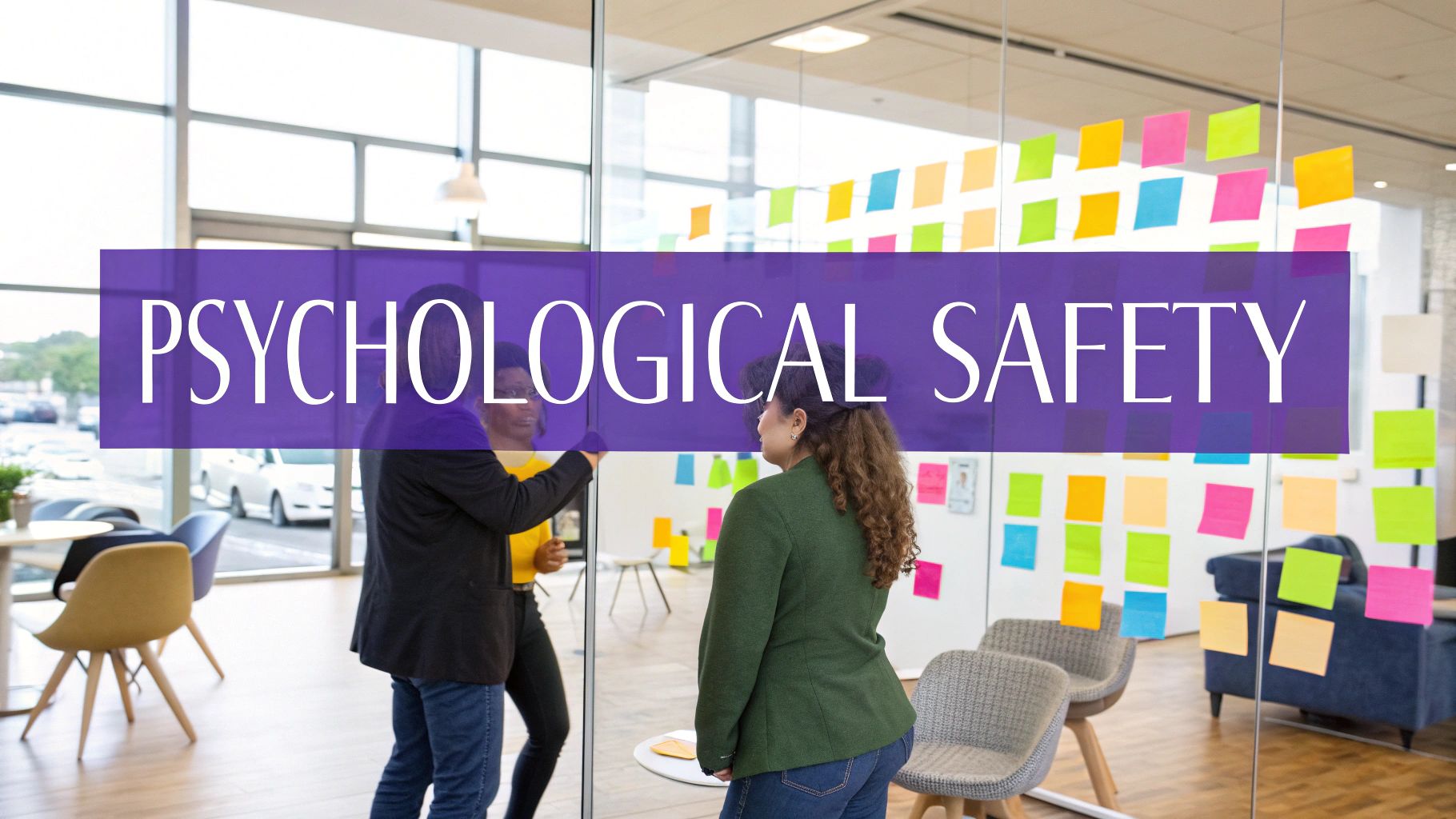 A diverse team in a bright, modern office, engaged in a collaborative discussion with sticky notes, feeling safe and valued.