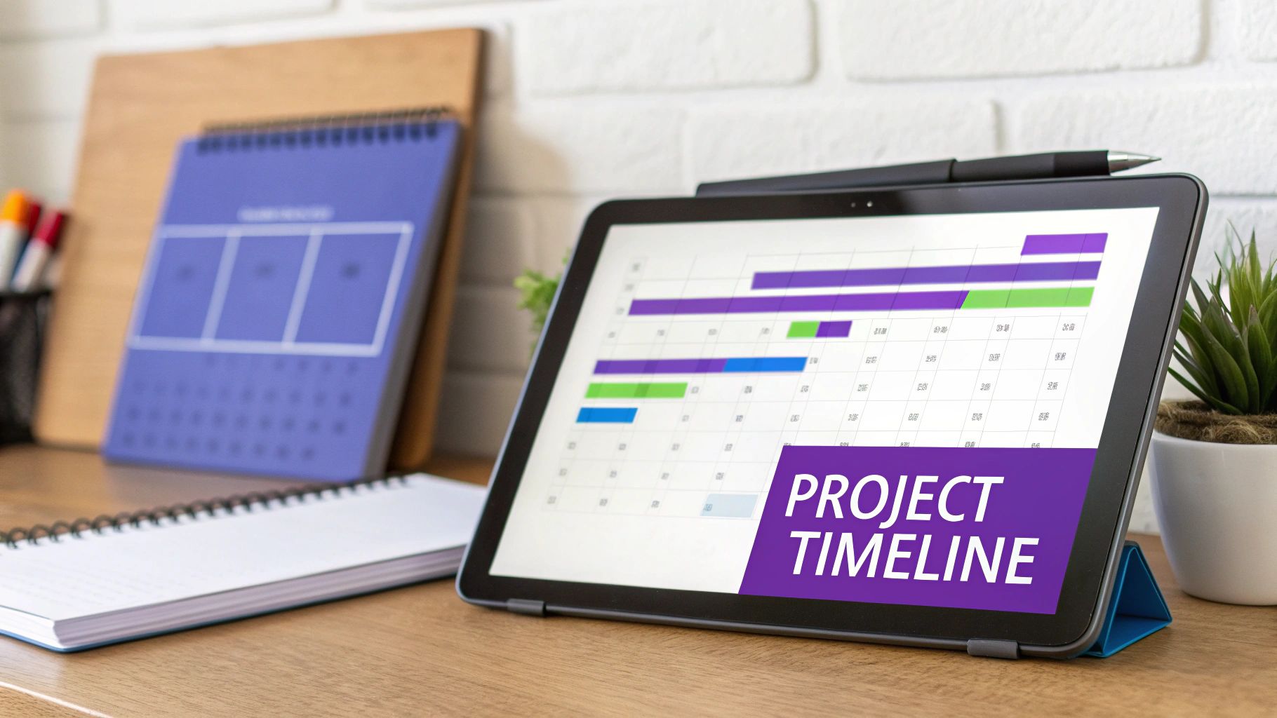 A tablet on a wooden desk displaying a project timeline chart, with a pen, notebook, and calendar.