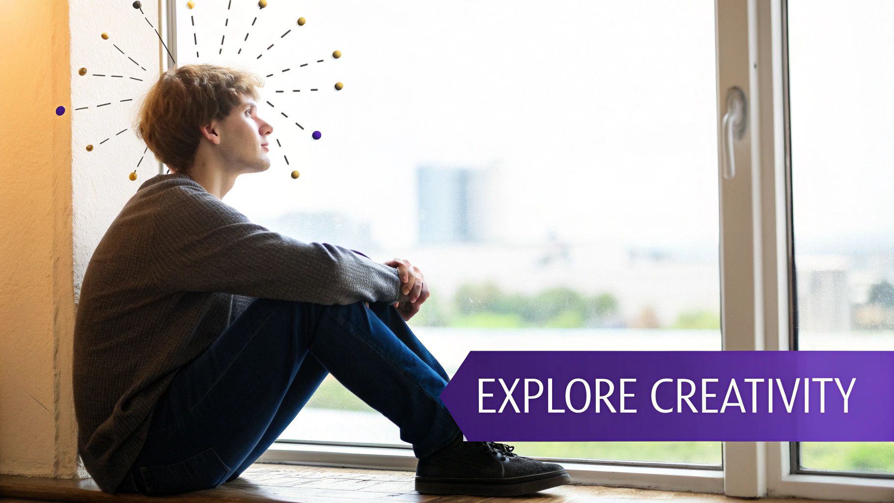 Young person sitting by window contemplating creative ideas with thought bubbles radiating outward