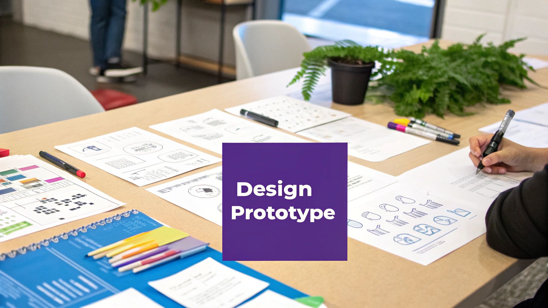 A top-down view of a design workspace with sketches, pens, and a person's hand writing.