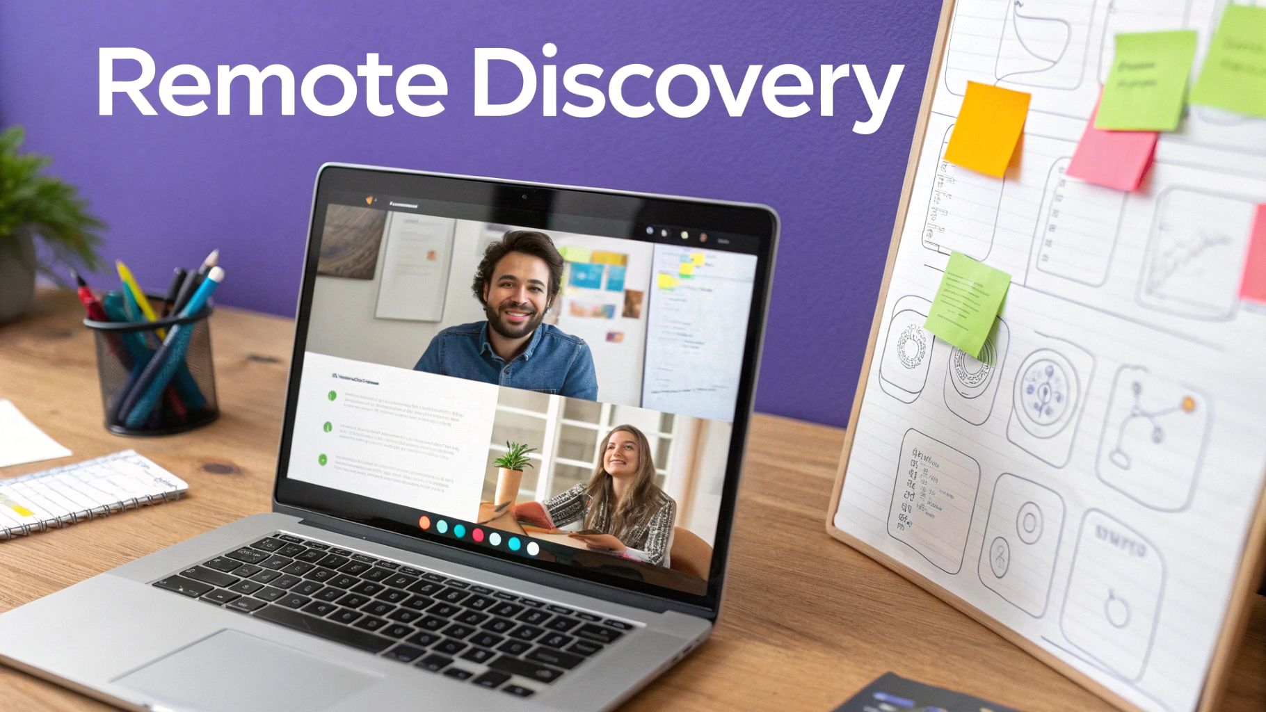 A laptop displays a remote video call with two smiling participants, next to a whiteboard.