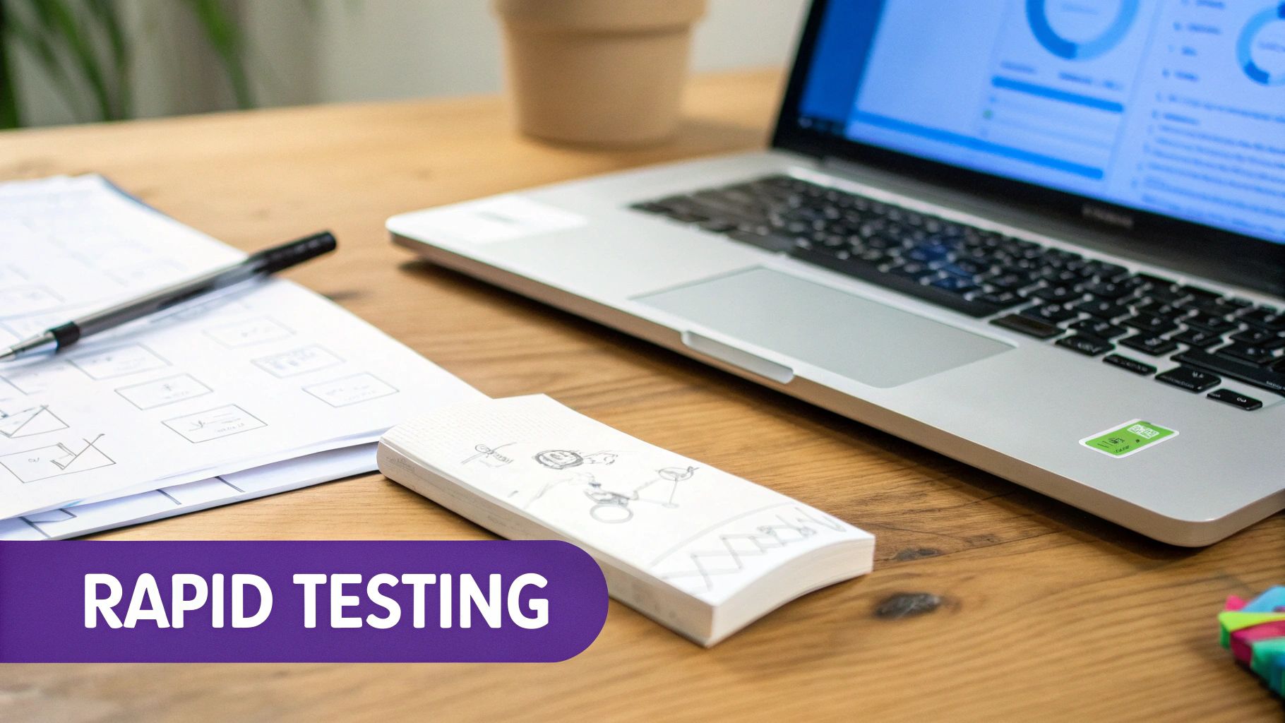 A modern workspace with a laptop displaying charts, papers with diagrams, a pen, and a 'RAPID TESTING' banner.