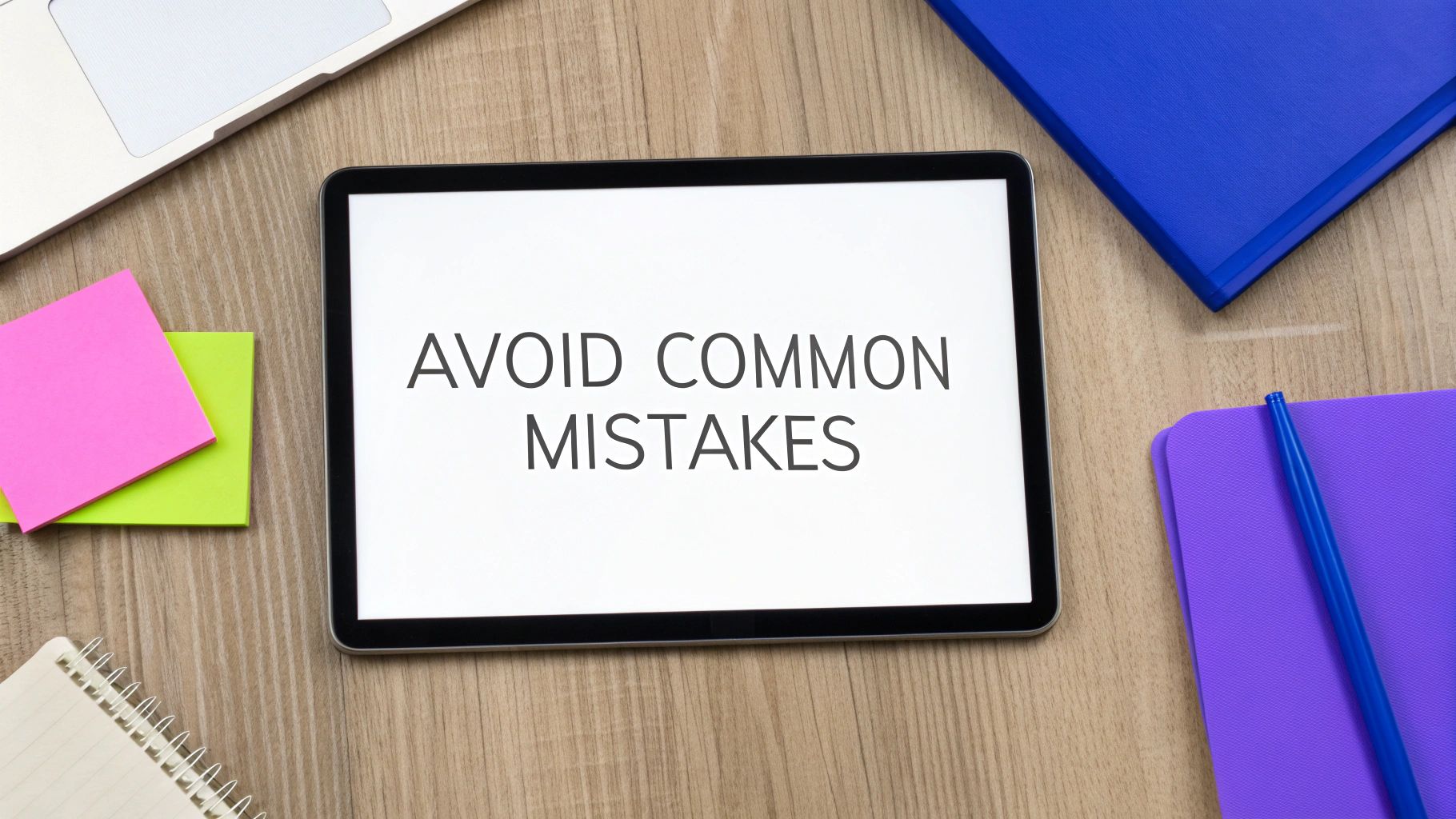 A tablet on a wooden desk displays the text 'AVOID COMMON MISTAKES', surrounded by office supplies.