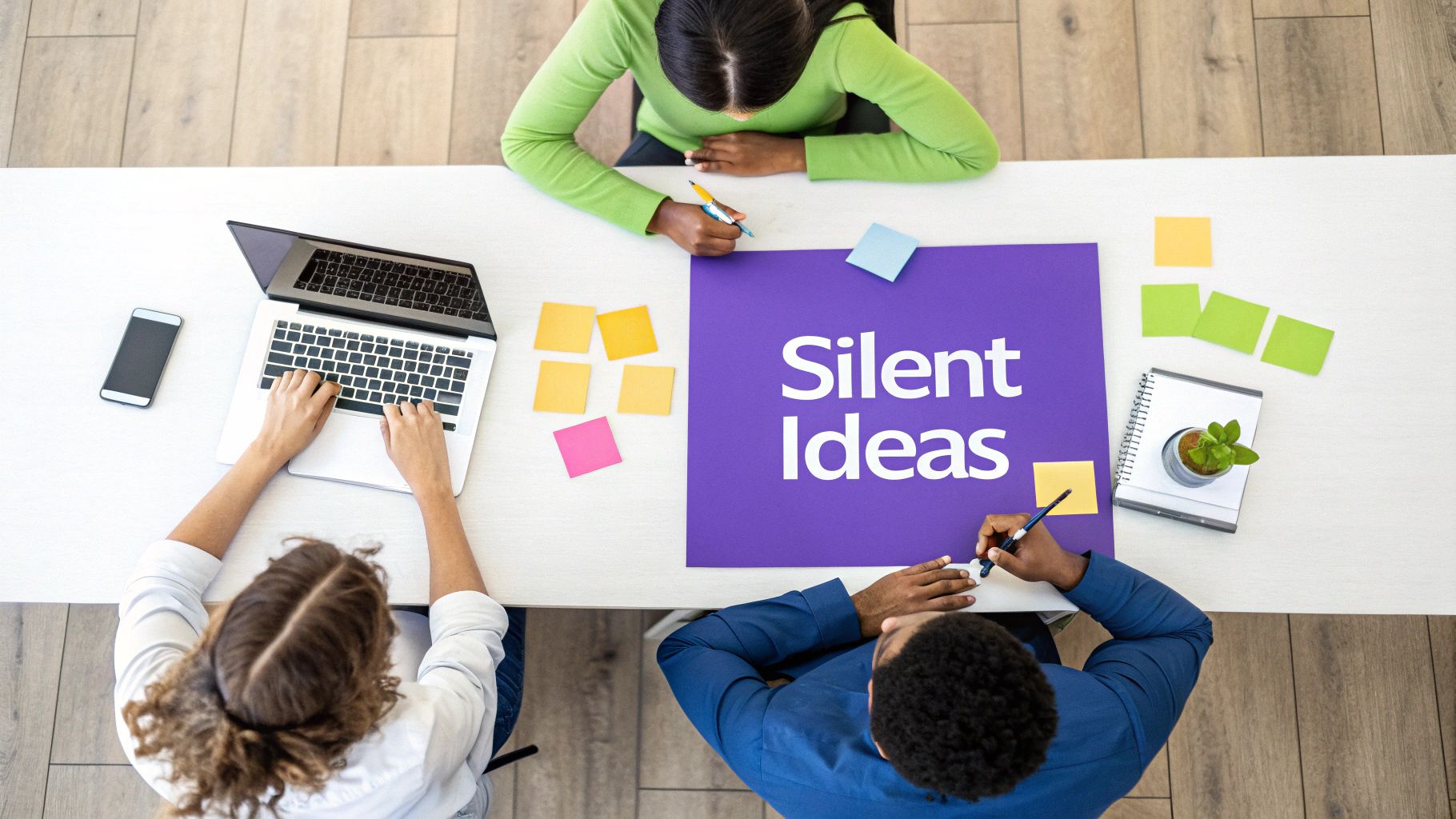 Three diverse people brainstorming with sticky notes and a laptop around a table.