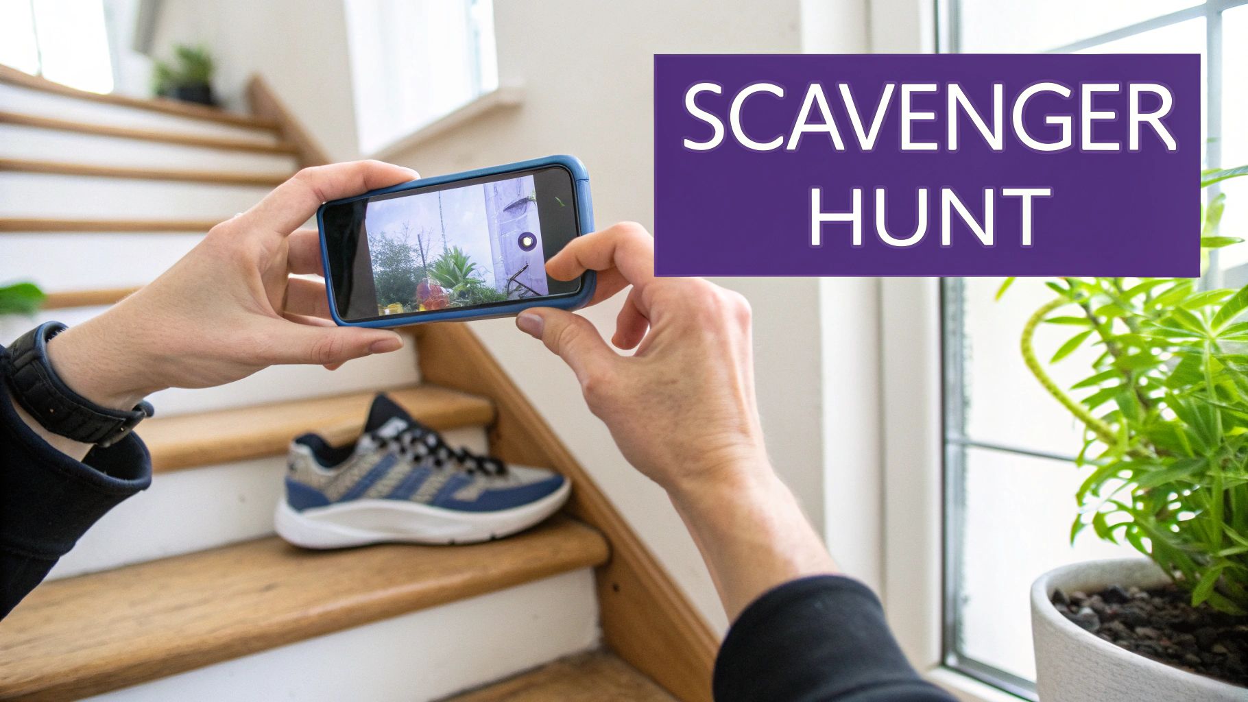 Hands holding a smartphone capturing an image during a scavenger hunt, with a sneaker nearby.