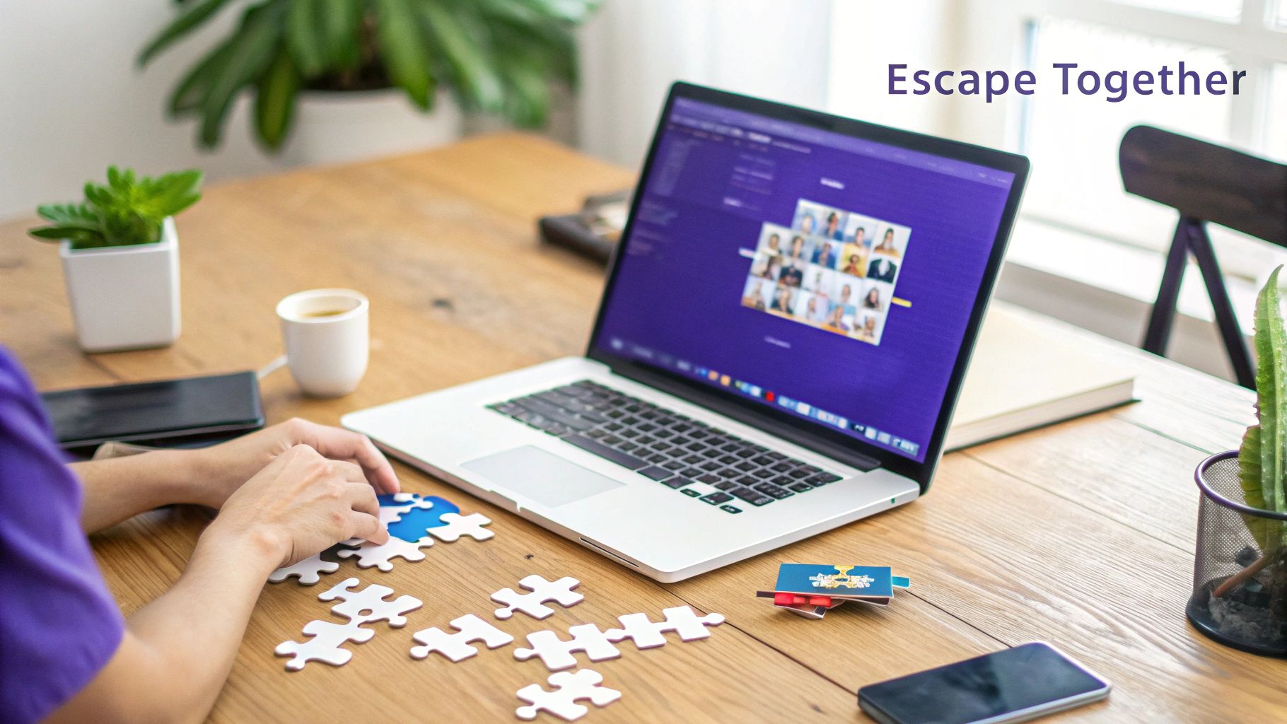 A person assembling a jigsaw puzzle next to a laptop displaying a video conference, on a wooden desk.