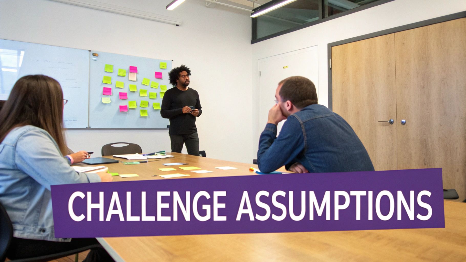 A group of professionals in a meeting room, some looking conflicted, illustrating the hidden pressures of groupthink.