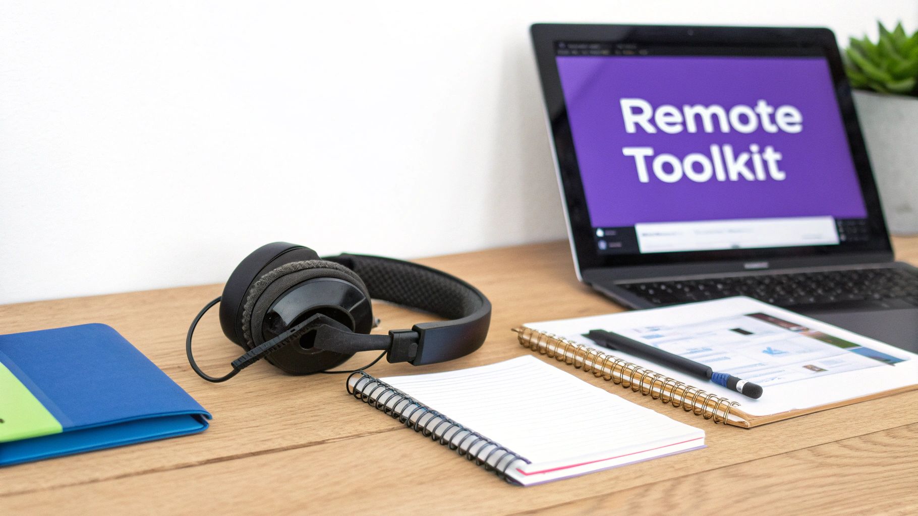 A home office desk setup with a laptop displaying "Remote Toolkit", headphones, and notebooks.
