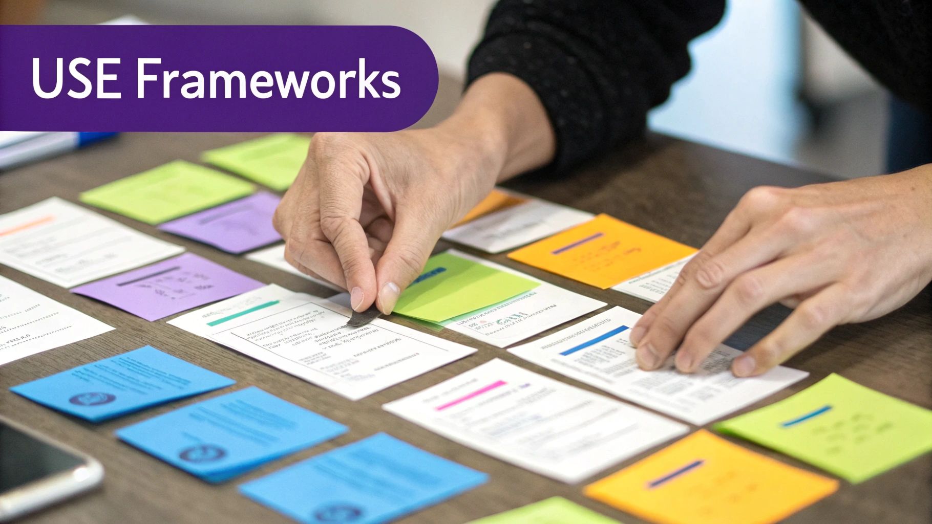 Hands arranging colorful cards and notes on a wooden table during a planning session.