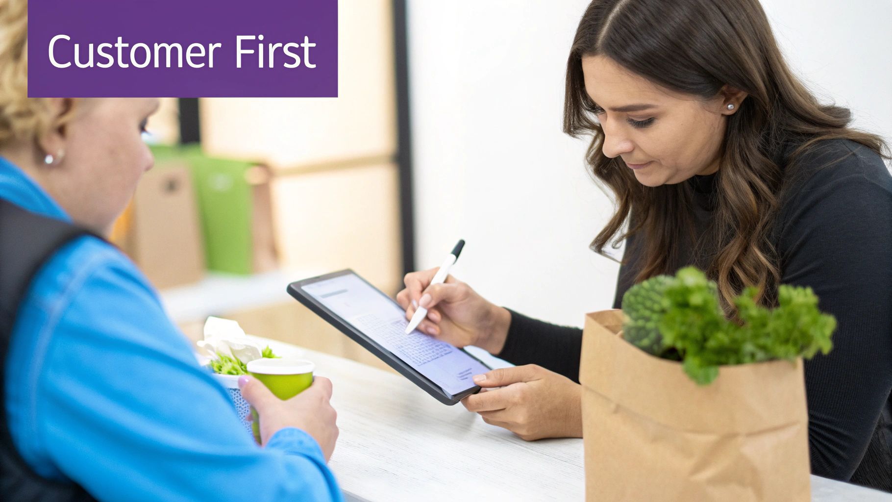 A woman assists a customer, signing on a tablet with a stylus, representing excellent customer service.