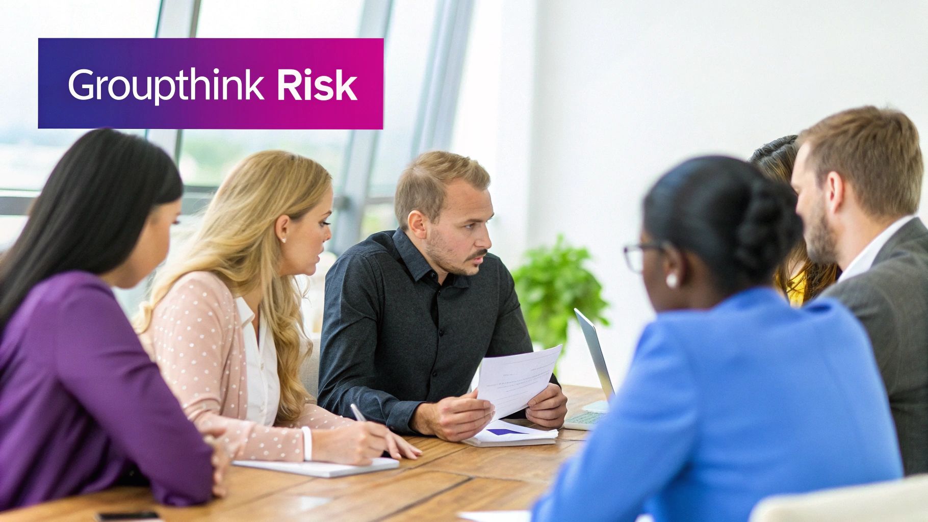Group of people brainstorming around a table