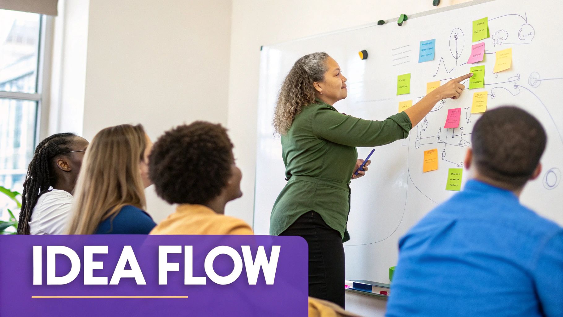A facilitator guiding a brainstorming session with a team.