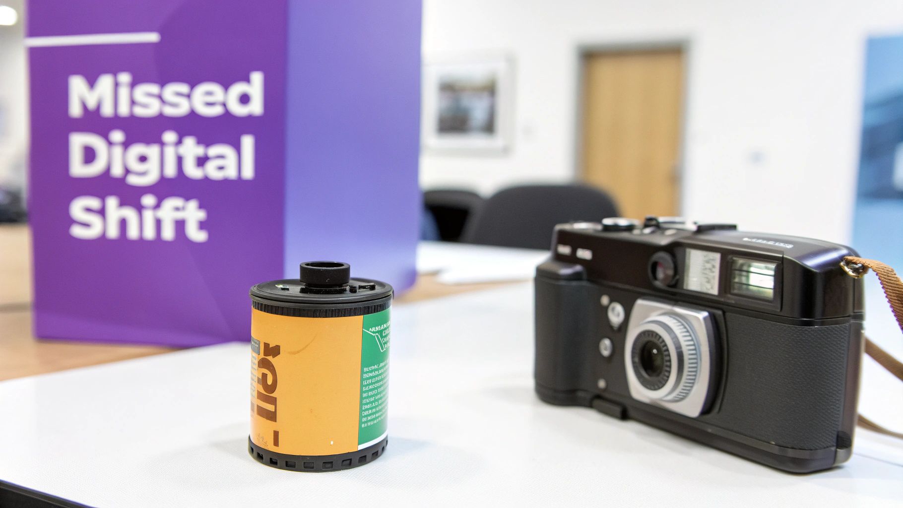A retro film camera and a roll of film on a white table, with a 'Missed Digital Shift' sign.