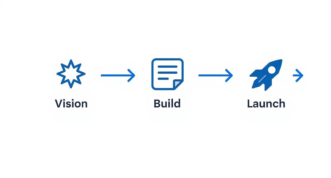 Three-stage process diagram showing vision, build, and launch phases with icons and arrows
