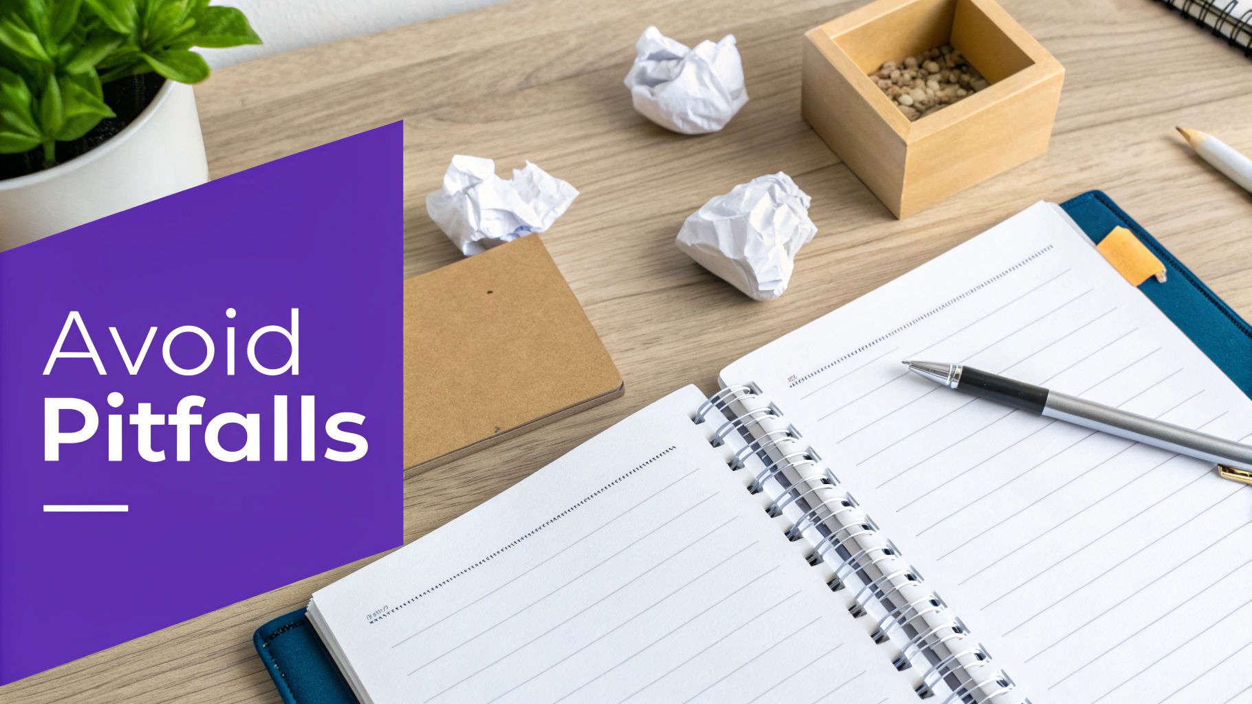 Desk with 'Avoid Pitfalls' text, crumpled paper, open notebook, and pen, symbolizing problem-solving and planning.