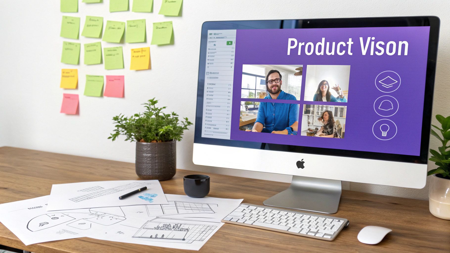 Product development workspace with a monitor displaying a 'Product Vision' presentation, sticky notes, and blueprints.