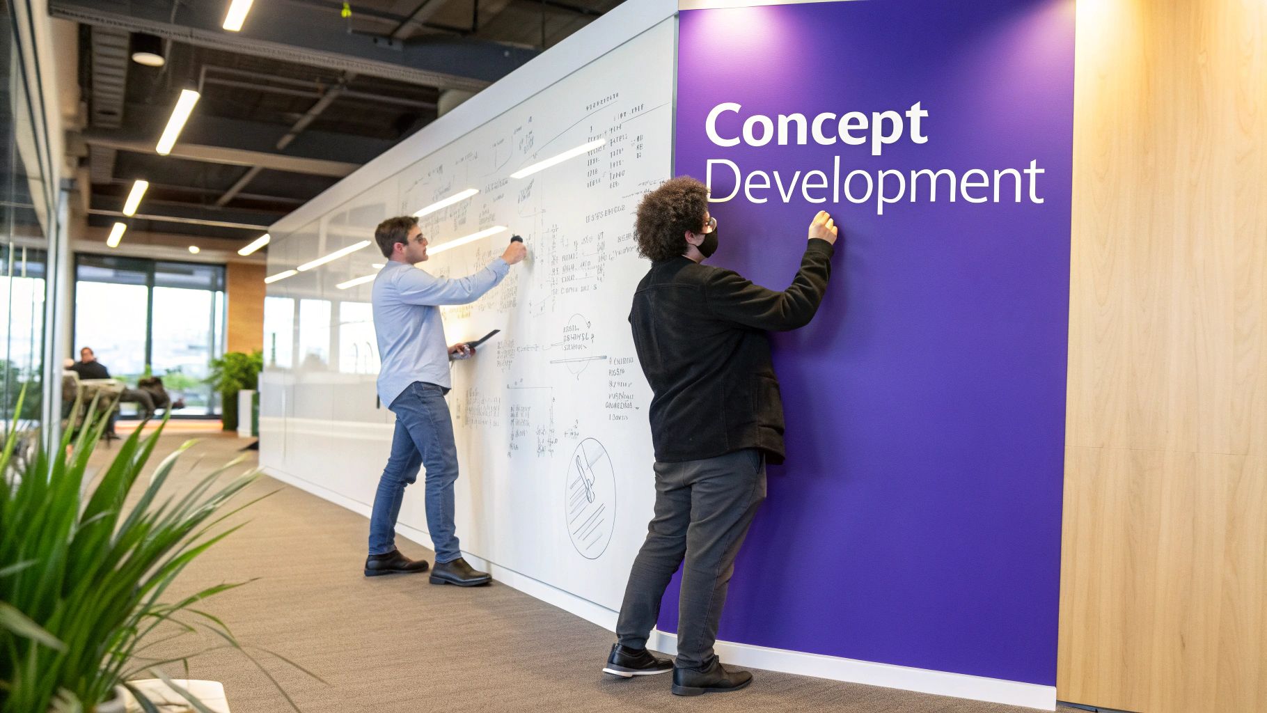 A team collaborating on ideas on a digital whiteboard