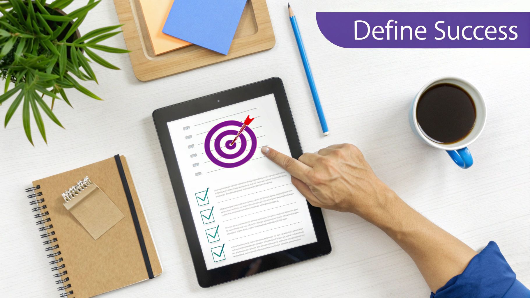 Overhead view of a desk with a tablet showing a target and checklist, with a hand pointing, symbolizing defining success.