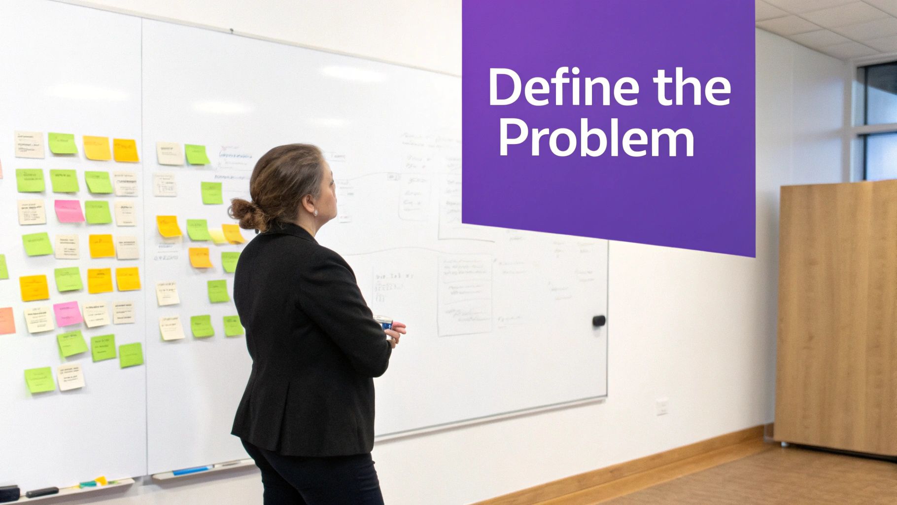 A woman reviews a whiteboard filled with colorful sticky notes, with a "Define the Problem" overlay.