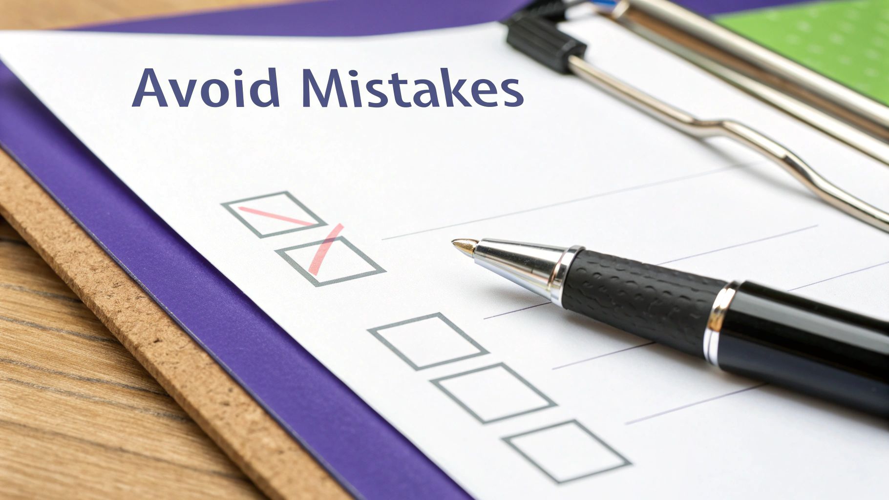 A person pointing at a list of mistakes with checkmarks and crosses