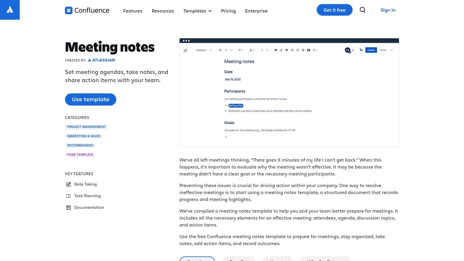 Atlassian Confluence – Meeting agenda/notes templates
