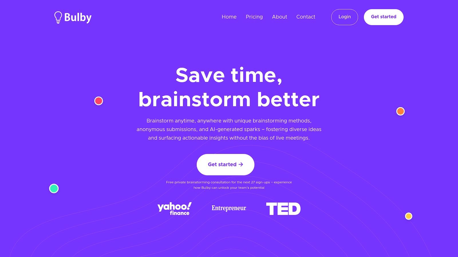 Bulby platform interface showing brainstorming exercises and idea submission fields.