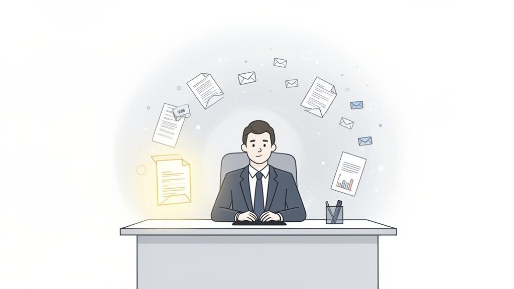 Illustration of a businessman efficiently managing documents and emails, surrounded by floating files.