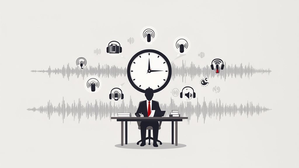A business leader listens to podcasts, managing time amidst sound waves and audio symbols.