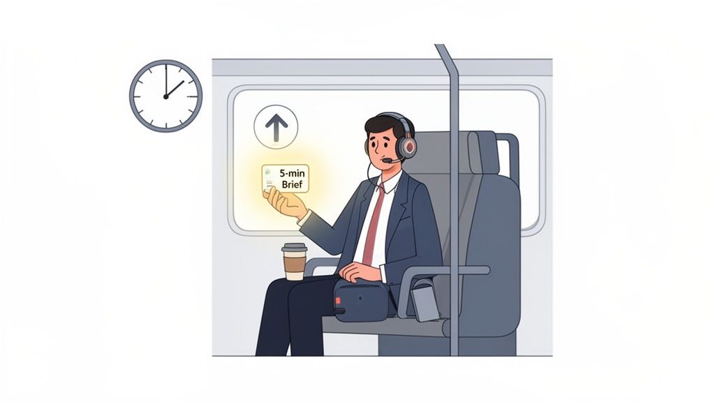 A man in a suit wearing headphones listens to a glowing '5-min Brief' on public transport.