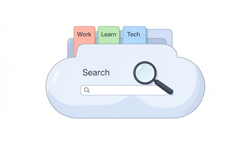 A cloud icon with a search bar, magnifying glass, and colored tabs for Work, Learn, and Tech, symbolizing organized information search.