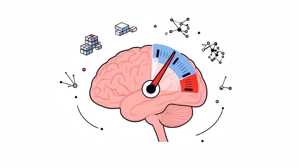 An illustration of a human brain with a gauge showing processing speed, surrounded by data symbols.