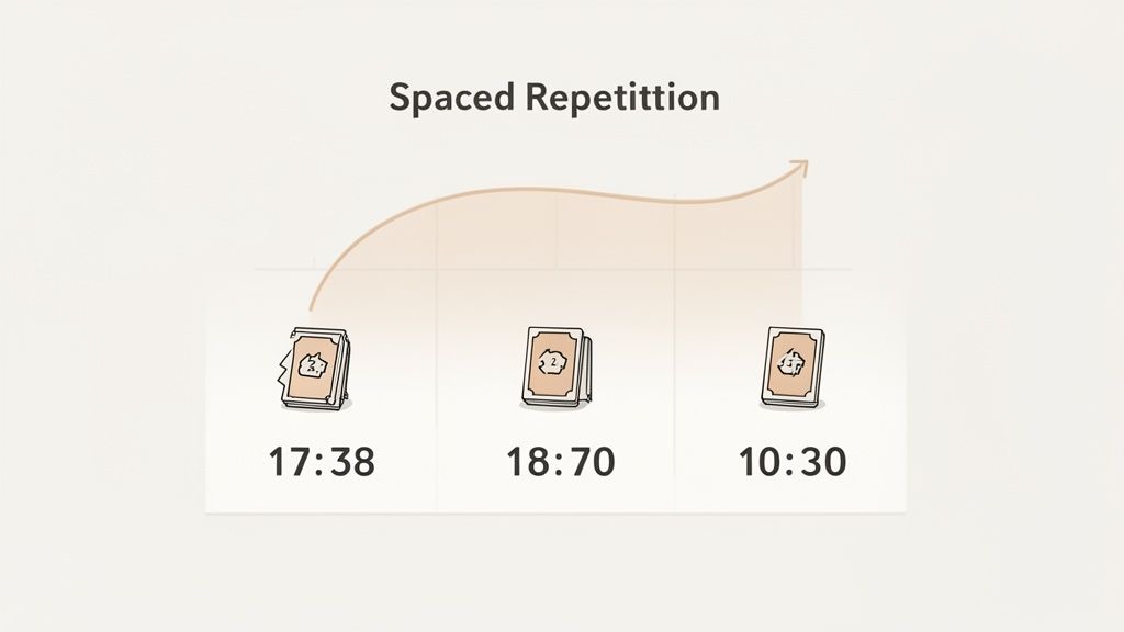 Diagram showing spaced repetition with three flashcards and an upward curve, illustrating memory retention over time.