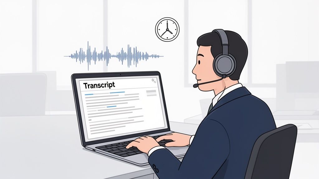 A person wearing a headset transcribing audio to text on a laptop with a waveform and clock.