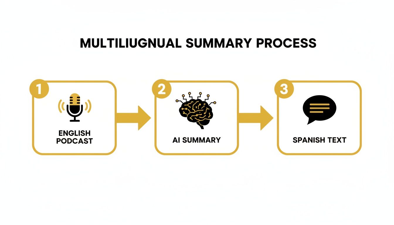 A diagram illustrating a multilingual summary process: English podcast to AI summary to Spanish text.