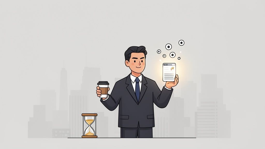 A cartoon businessman holds a coffee and a glowing document next to an hourglass, representing efficient work.