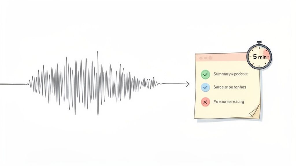 A sound wave transforms into a concise, color-coded summary list with a 5-minute timer.